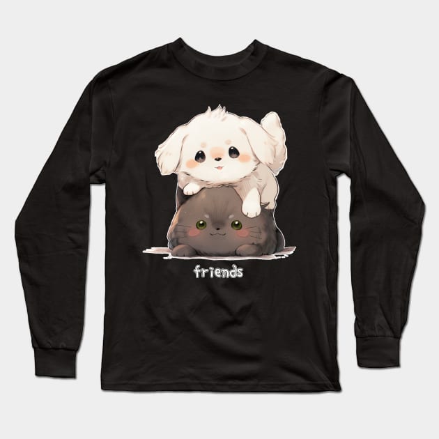 Friends Maltese Dog and Russian Blue Cat Long Sleeve T-Shirt by Underground Cargo